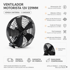 Ventilador Motorista 12V Grande 229mm Ônibus